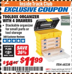 Harbor Freight ITC Coupon TOOLBOX ORGANIZER WITH 4 DRAWERS Lot No. 68238 Expired: 10/31/19 - $11.99