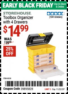 Harbor Freight Coupon TOOLBOX ORGANIZER WITH 4 DRAWERS Lot No. 68238 Expired: 11/22/23 - $14.99
