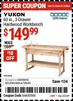 Harbor Freight Coupon YUKON 60 IN., 3-DRAWER HARDWOOD WORKBENCH Lot No. 58832 Valid Thru: 8/2/26 - $149.99