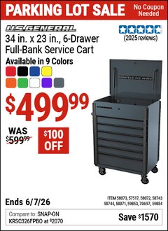 Harbor Freight Coupon U.S. GENERAL 34 IN. X 23 IN., 6-DRAWER FULL-BANK SERVICE CART Lot No. 57517/58071/58072/58073/58743/58744/59853/59854/70697 Valid Thru: 6/7/26 - $499.99