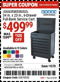 Harbor Freight Coupon U.S. GENERAL 34 IN. X 23 IN., 6-DRAWER FULL-BANK SERVICE CART Lot No. 57517/58071/58072/58073/58743/58744/59853/59854/70697 Expired: 6/14/26 - $499.99