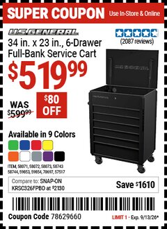 Harbor Freight Coupon U.S. GENERAL 34 IN. X 23 IN., 6-DRAWER FULL-BANK SERVICE CART Lot No. 57517/58071/58072/58073/58743/58744/59853/59854/70697 Valid Thru: 9/13/26 - $519.99