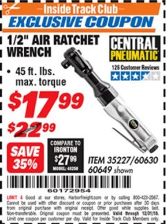 Harbor Freight ITC Coupon 1/2" AIR RATCHET WRENCH Lot No. 60649/35227/60630 Expired: 12/31/18 - $17.99