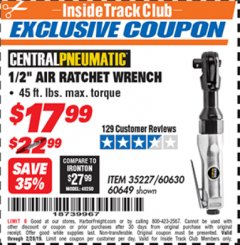 Harbor Freight ITC Coupon 1/2" AIR RATCHET WRENCH Lot No. 60649/35227/60630 Expired: 2/28/19 - $17.99