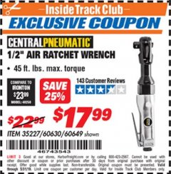 Harbor Freight ITC Coupon 1/2" AIR RATCHET WRENCH Lot No. 60649/35227/60630 Expired: 5/31/19 - $17.99