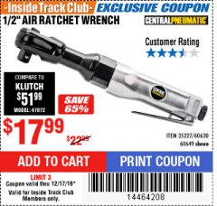 Harbor Freight ITC Coupon 1/2" AIR RATCHET WRENCH Lot No. 60649/35227/60630 Expired: 12/17/19 - $17.99