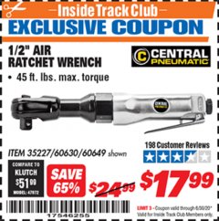 Harbor Freight ITC Coupon 1/2" AIR RATCHET WRENCH Lot No. 60649/35227/60630 Expired: 6/30/20 - $17.99