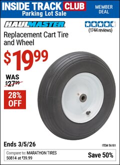 Harbor Freight Coupon HAUL-MASTER REPLACEMENT CART TIRE AND WHEEL Lot No. 56181 Valid: 12/31/69 - 3/5/26 - $19.99