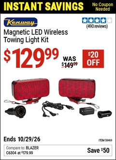 Harbor Freight Coupon KENWAY MAGNETIC LED WIRELESS TOWING LIGHT KIT Lot No. 58469 Valid Thru: 10/29/26 - $129.99