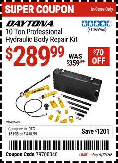 Harbor Freight Coupon DAYTONA 10 TON PROFESSIONAL HYDRAULIC BODY REPAIR KIT Lot No. 58665 Valid Thru: 9/27/26 - $289.99