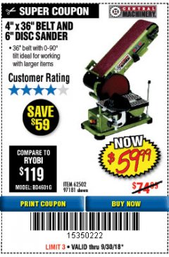 Harbor Freight Coupon 4" X 36" BELT/6" DISC SANDER Lot No. 64778/97181/5154 Expired: 9/30/18 - $59.99