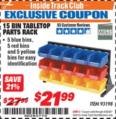 Harbor Freight ITC Coupon 15 BIN TABLE TOP PARTS RACK Lot No. 93198 Expired: 4/30/20 - $21.99