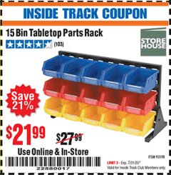Harbor Freight ITC Coupon 15 BIN TABLE TOP PARTS RACK Lot No. 93198 Expired: 7/31/20 - $21.99