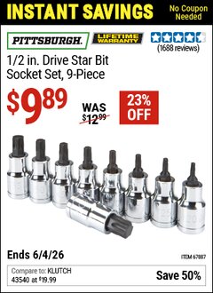 Harbor Freight Coupon PITTSBURGH 1/2 IN. DRIVE STAR BIT SOCKET SET, 9-PIECE Lot No. 67887 Valid Thru: 6/4/26 - $9.89