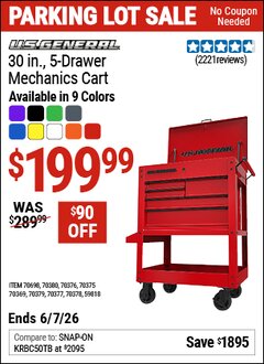 Harbor Freight Coupon U.S. GENERAL 30 IN., 5-DRAWER MECHANICS CART Lot No. 59818/70369/70375/70376/70377/70378/70379/70380/70698 Valid Thru: 6/7/26 - $199.99