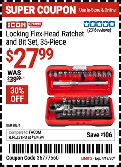 Harbor Freight Coupon ICON LOCKING FLEX-HEAD RATCHET AND BIT SET, 35-PIECE Lot No. 58074 Expired: 4/19/26 - $27.99