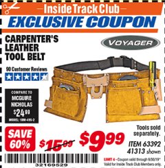 Harbor Freight ITC Coupon CARPENTER'S TOOL BELT Lot No. 41313/63392 Expired: 9/30/19 - $9.99