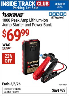 Harbor Freight ITC Coupon VIKING 1000 PEAK AMP LITHIUM-ION JUMP STARTER AND POWER BANK Lot No. 59527 Expired: 3/5/26 - $69.99
