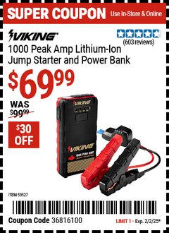 Harbor Freight Coupon VIKING 1000 PEAK AMP LITHIUM-ION JUMP STARTER AND POWER BANK Lot No. 59527 Expired: 2/2/25 - $69.99