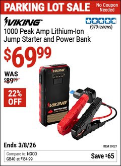 Harbor Freight Coupon VIKING 1000 PEAK AMP LITHIUM-ION JUMP STARTER AND POWER BANK Lot No. 59527 Expired: 3/8/26 - $69.99