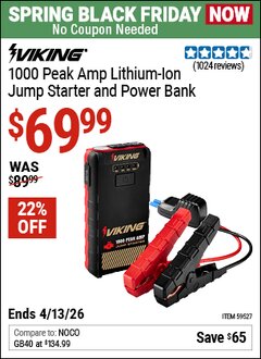 Harbor Freight Coupon VIKING 1000 PEAK AMP LITHIUM-ION JUMP STARTER AND POWER BANK Lot No. 59527 Expired: 4/12/26 - $69.99