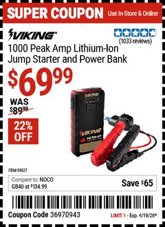 Harbor Freight Coupon VIKING 1000 PEAK AMP LITHIUM-ION JUMP STARTER AND POWER BANK Lot No. 59527 Expired: 4/19/26 - $69.99