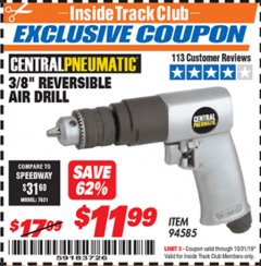 Harbor Freight ITC Coupon 3/8" REVERSIBLE AIR DRILL Lot No. 94585 Expired: 10/31/19 - $11.99