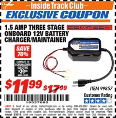 Harbor Freight ITC Coupon 1.5 AMP, 12V 3 STAGE ONBOARD BATTERY CHARGER/MAINTAINER Lot No. 99857 Expired: 9/30/18 - $11.99