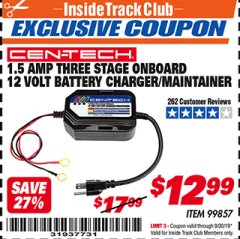 Harbor Freight ITC Coupon 1.5 AMP, 12V 3 STAGE ONBOARD BATTERY CHARGER/MAINTAINER Lot No. 99857 Expired: 9/30/19 - $12.99