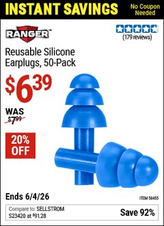 Harbor Freight Coupon RANGER REUSABLE SILICONE EARPLUGS, 50-PACK Lot No. 58455 Valid Thru: 6/4/26 - $6.39