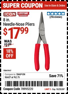 Harbor Freight Coupon ICON 8 IN. NEEDLE NOSE PLIERS Lot No. 59167 Valid Thru: 10/25/26 - $17.99