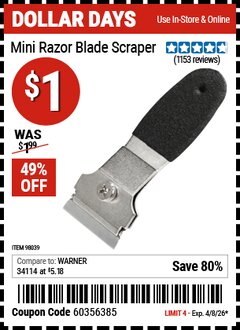 Harbor Freight Coupon MINI RAZOR BLADE SCRAPER Lot No. 98039 Valid Thru: 4/8/26 - $1
