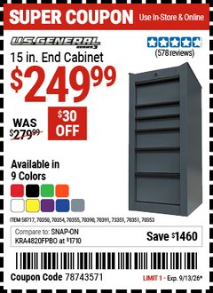 Harbor Freight Coupon U.S. GENERAL 15 IN. END CABINET, SERIES 3 Lot No. 70353/58717/70350/70351/70354/70355/70391/70390 Valid Thru: 9/13/26 - $249.99