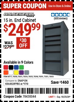 Harbor Freight Coupon U.S. GENERAL 15 IN. END CABINET, SERIES 3 Lot No. 70353/58717/70350/70351/70354/70355/70391/70390 Valid Thru: 10/25/26 - $249.99