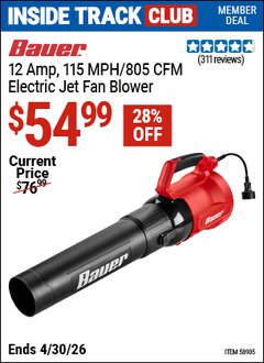 Harbor Freight Coupon BAUER 12 AMP, 115 MPH/805 CFM ELECTRIC JET FAN BLOWER Lot No. 58905 Valid: 12/31/69 - 4/30/26 - $54.99