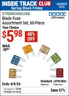 Harbor Freight ITC Coupon STOREHOUSE BLADE FUSE ASSORTMENT, 60-PIECE Lot No. 63310/67664 Expired: 4/9/26 - $5.98