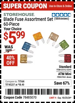 Harbor Freight Coupon STOREHOUSE BLADE FUSE ASSORTMENT, 60-PIECE Lot No. 63310/67664 Valid Thru: 10/25/26 - $5.99