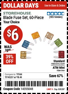 Harbor Freight Coupon STOREHOUSE BLADE FUSE ASSORTMENT, 60-PIECE Lot No. 63310/67664 Expired: 9/9/26 - $6