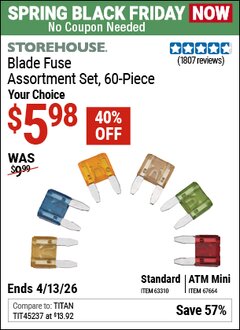 Harbor Freight Coupon STOREHOUSE BLADE FUSE ASSORTMENT, 60-PIECE Lot No. 63310/67664 Expired: 4/12/26 - $5.98