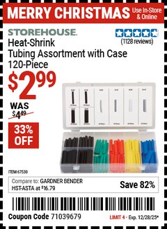 Harbor Freight Coupon STOREHOUSE HEAT-SHRINK TUBING ASSORTMENT WITH CASE, 120-PIECE Lot No. 67530 Expired: 12/28/25 - $2.99