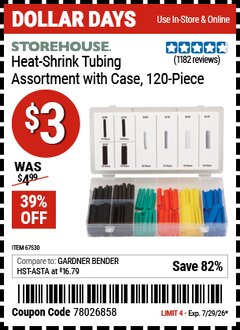 Harbor Freight Coupon STOREHOUSE HEAT-SHRINK TUBING ASSORTMENT WITH CASE, 120-PIECE Lot No. 67530 Expired: 7/29/26 - $3