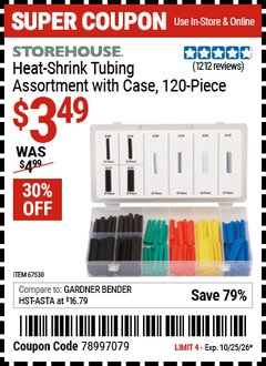 Harbor Freight Coupon STOREHOUSE HEAT-SHRINK TUBING ASSORTMENT WITH CASE, 120-PIECE Lot No. 67530 Valid Thru: 10/25/26 - $3.49