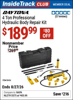 Harbor Freight Coupon DAYTONA 4 TON PROFESSIONAL HYDRAULIC BODY REPAIR KIT Lot No. 58456 Valid: 12/31/69 - 8/27/26 - $189.99