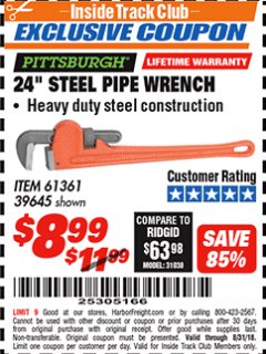 Harbor Freight ITC Coupon 24" STEEL PIPE WRENCH Lot No. 61361/39645 Expired: 8/31/18 - $8.99