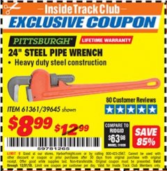 Harbor Freight ITC Coupon 24" STEEL PIPE WRENCH Lot No. 61361/39645 Expired: 12/31/18 - $8.99