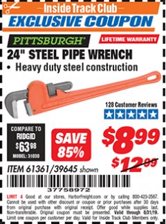 Harbor Freight ITC Coupon 24" STEEL PIPE WRENCH Lot No. 61361/39645 Expired: 8/31/19 - $8.99