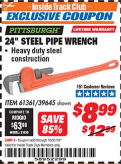 Harbor Freight ITC Coupon 24" STEEL PIPE WRENCH Lot No. 61361/39645 Expired: 10/31/19 - $8.99