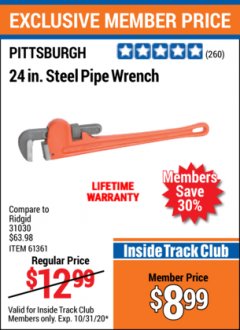 Harbor Freight ITC Coupon 24" STEEL PIPE WRENCH Lot No. 61361/39645 Expired: 10/31/20 - $8.99