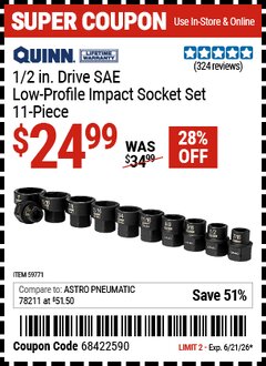 Harbor Freight Coupon QUINN 1/2 IN. DRIVE SAE LOW-PROFILE IMPACT SOCKET SET, 11-PIECE Lot No. 59771 Valid Thru: 6/21/26 - $24.99