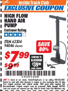 Harbor Freight ITC Coupon HIGH FLOW HAND AIR PUMP Lot No. 63304/94046 Expired: 5/31/18 - $7.99